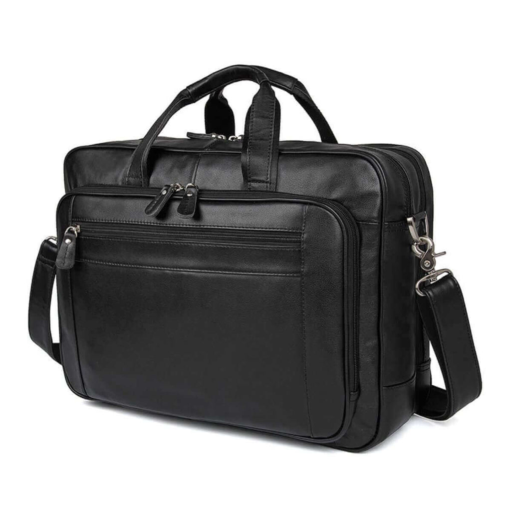 Spacious Men's Black Leather Laptop Bag for 17-inch laptops.