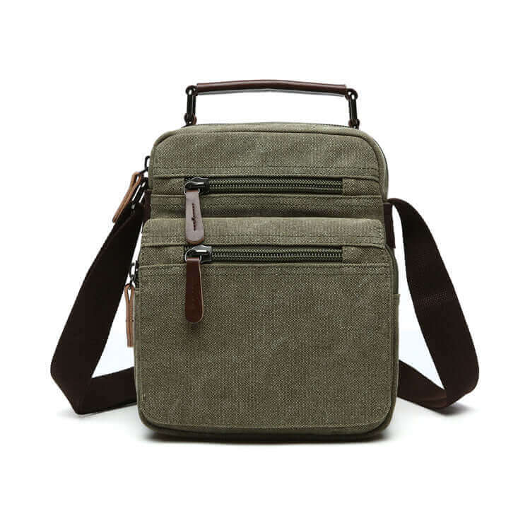 Men's canvas bag featuring multiple zippered pockets, perfect for keeping essentials organized.