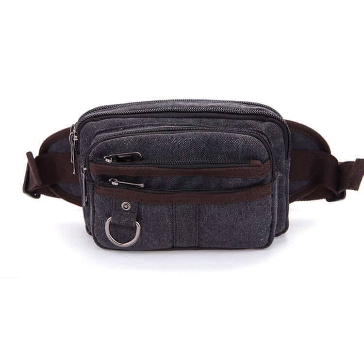 Men's canvas waist bag with zippered compartments for easy organization.