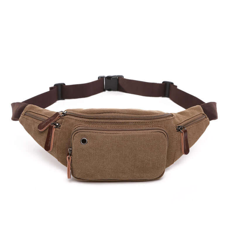 Men's coffee canvas bum bag with PU leather details, perfect for casual outings.