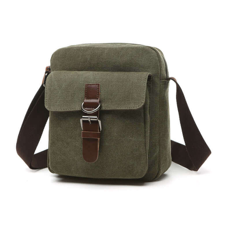 Men's canvas crossbody bag featuring a stylish belt buckle and PU leather accents.