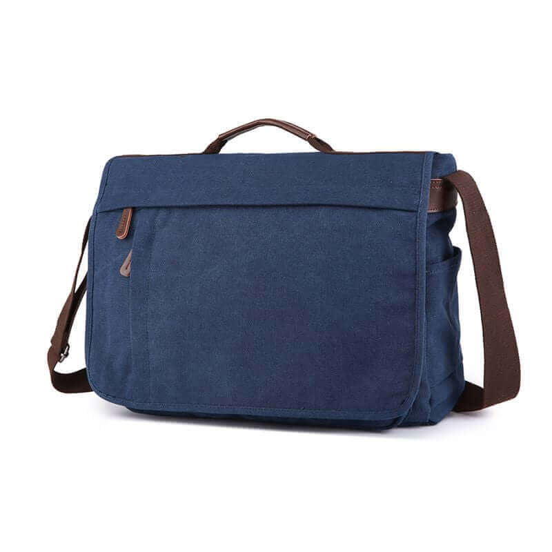 Men's blue canvas messenger bag perfect for 14-inch laptop.