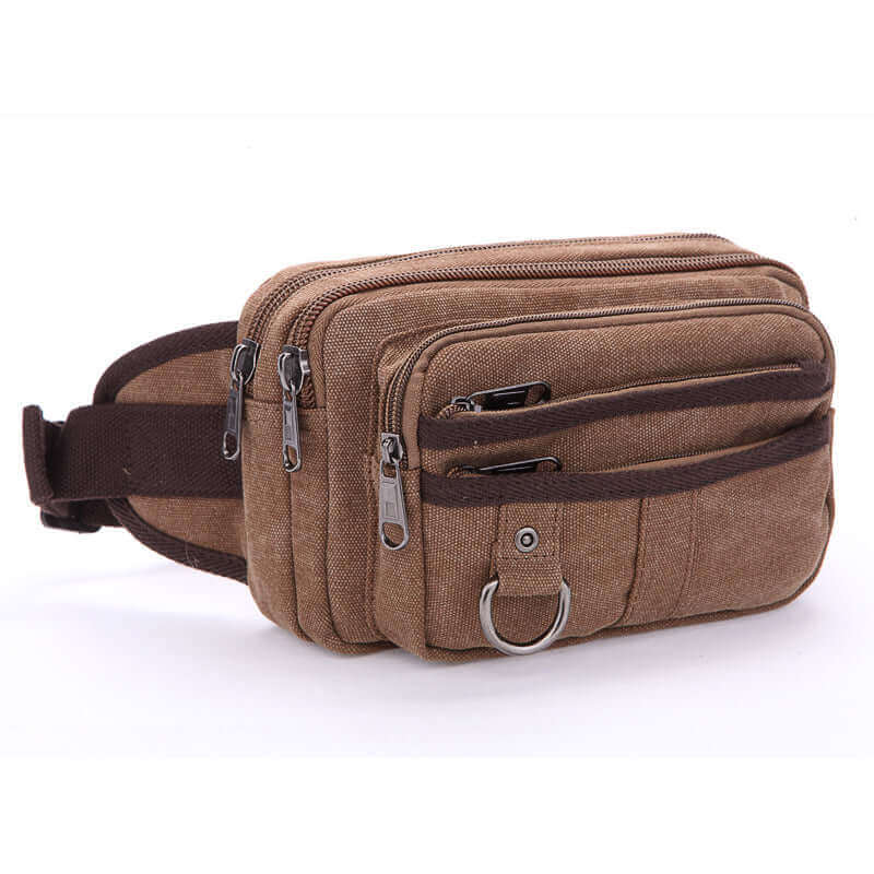 Men's coffee canvas waist bag with multiple zippered pockets for casual outings and travel.