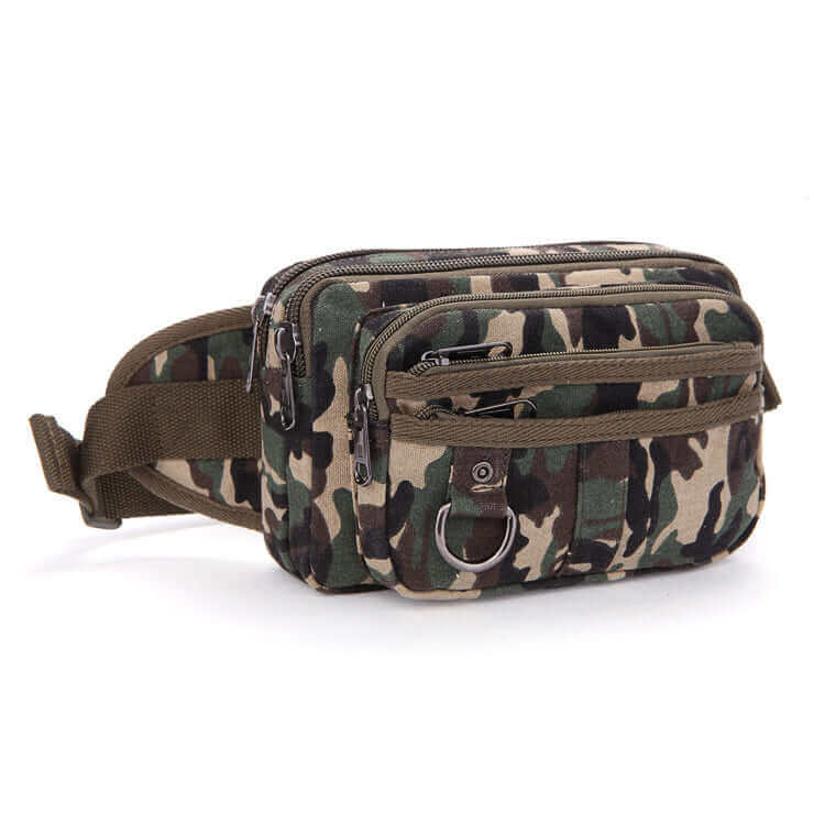 Canvas waist bag for men, featuring multiple zippered pockets for organizing essentials.