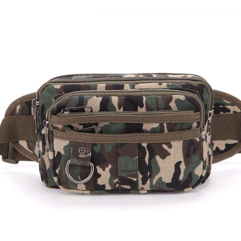 Men's canvas waist pack, ideal for hiking and travel, offering convenient storage.