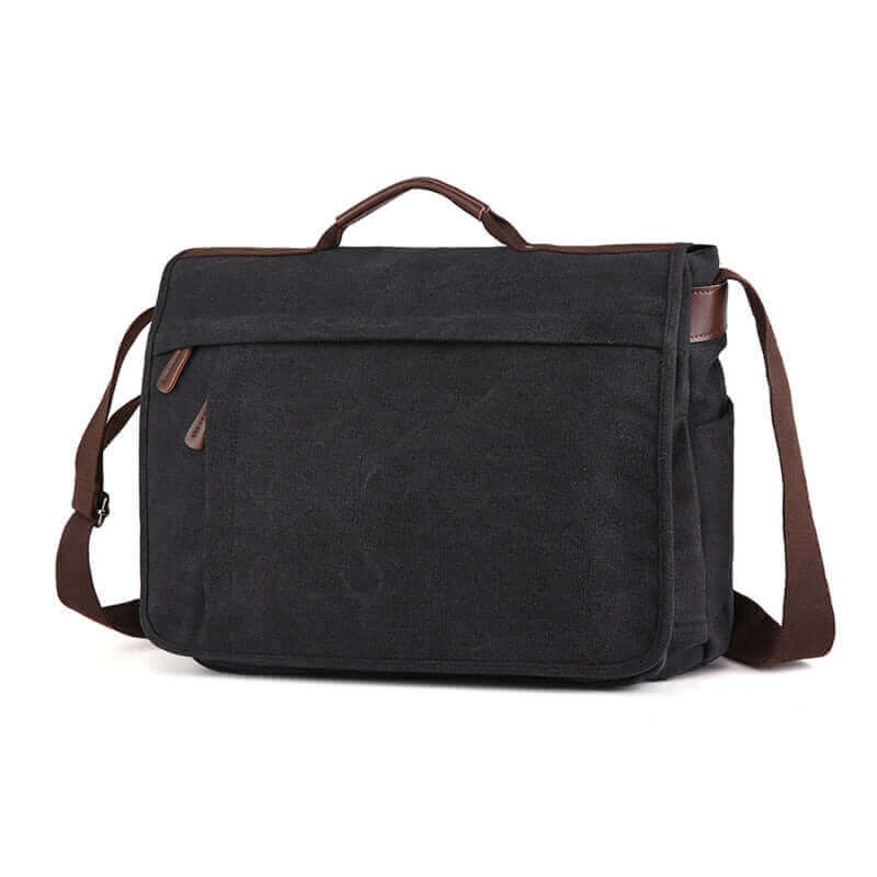 Durable men's canvas messenger bag suitable for a 17-inch laptop.