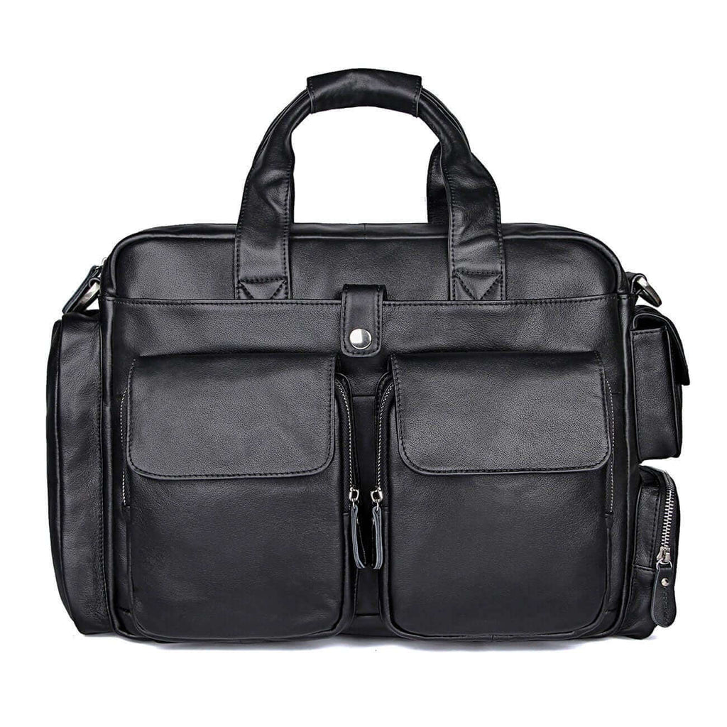 Lifestyle shot of men's genuine leather laptop bag in business setting