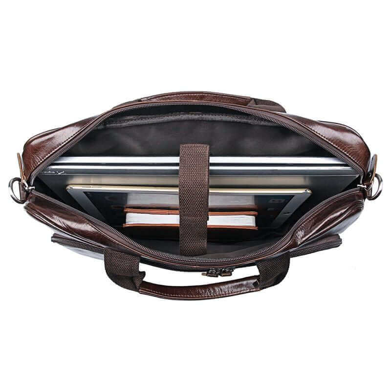 Spacious interior compartments of a men's leather laptop bag.