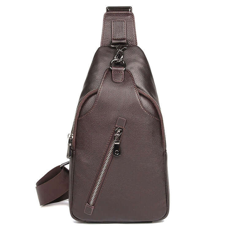 Men's leather chest bag front view with stylish design and durable material.