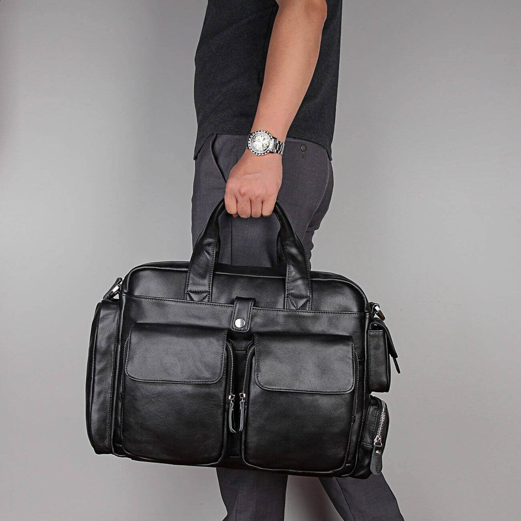 Men's leather laptop bag with top handle and versatile design