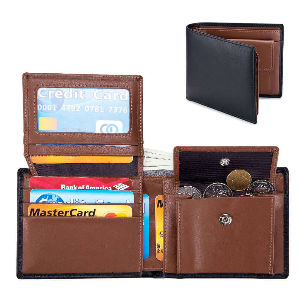 Open view of the men's leather RFID bifold wallet showcasing card slots, coin pocket, and ID window.