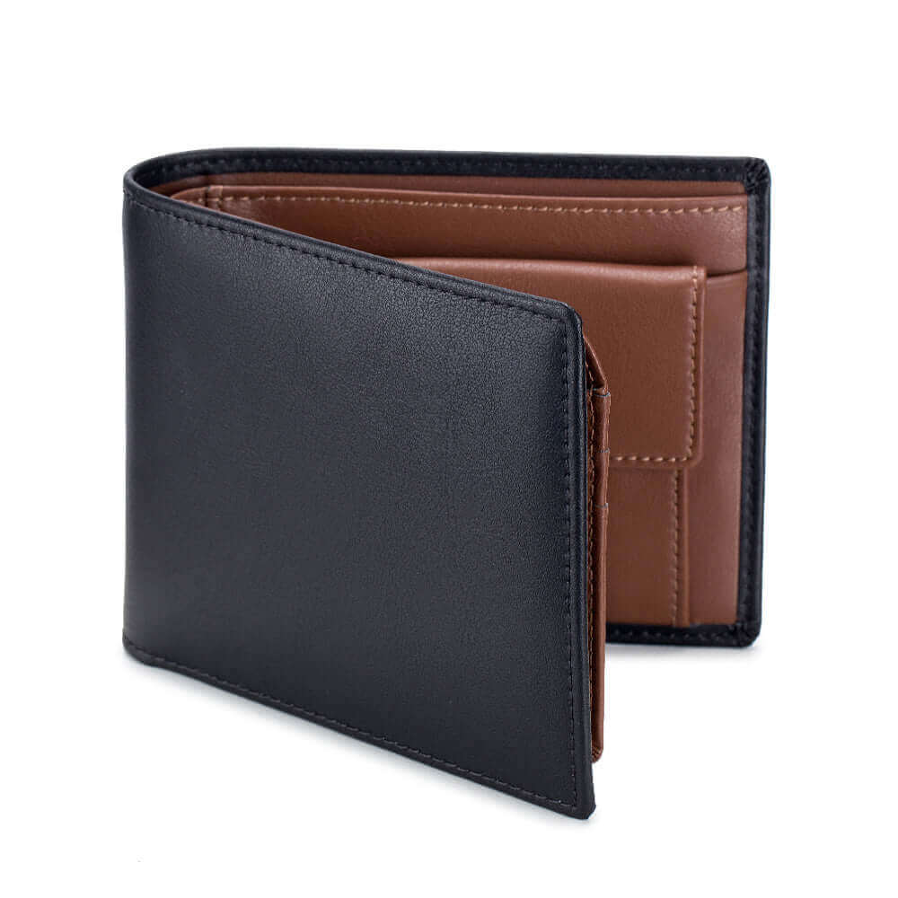 Close-up of the card slots inside the men's leather RFID bifold wallet with multiple cards inserted.