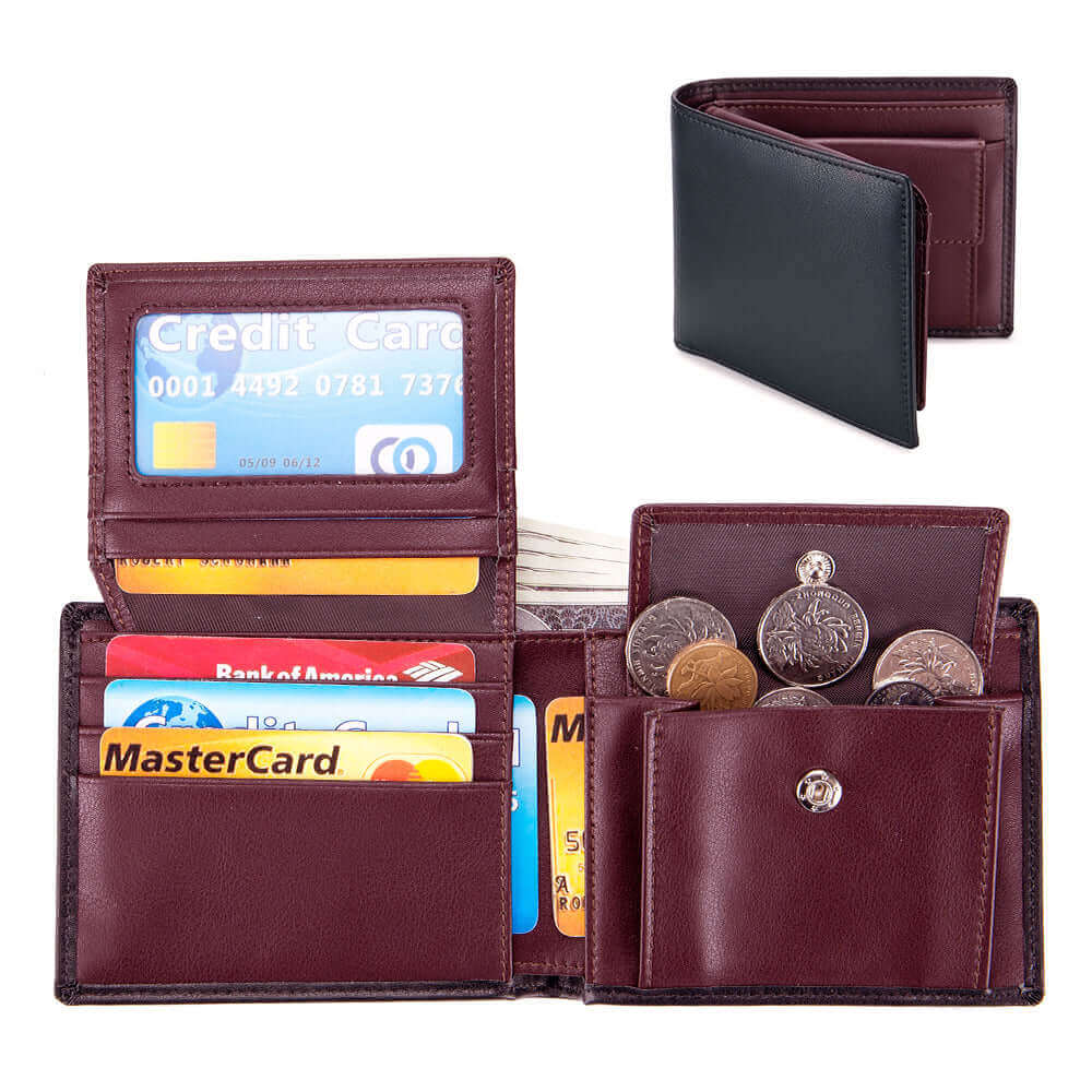 Compact design of the men's leather RFID bifold wallet, folded and placed on a table.