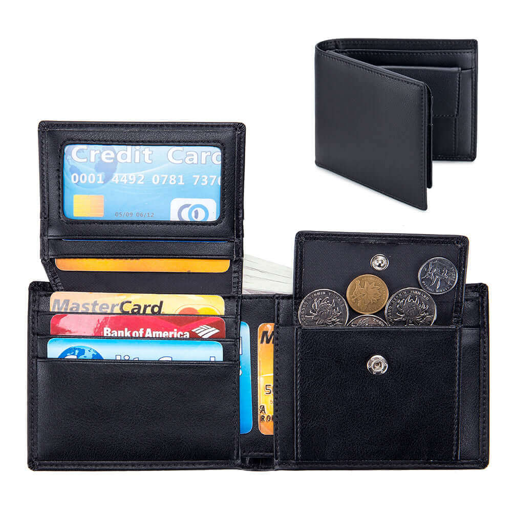 Interior view of the men's leather RFID bifold wallet showing the money slots with cash.