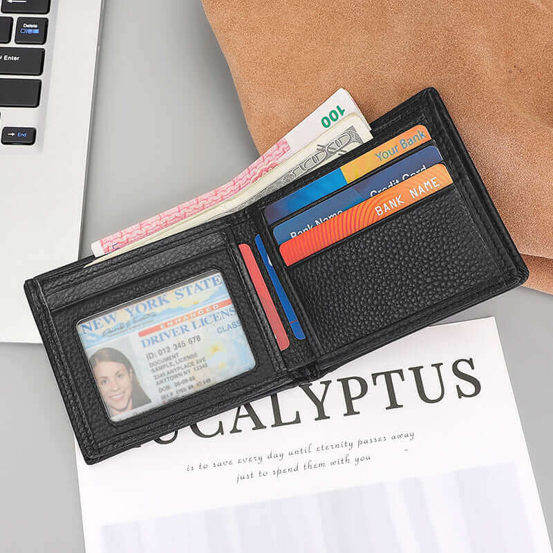 Men's black leather wallet showing card slots and compartments