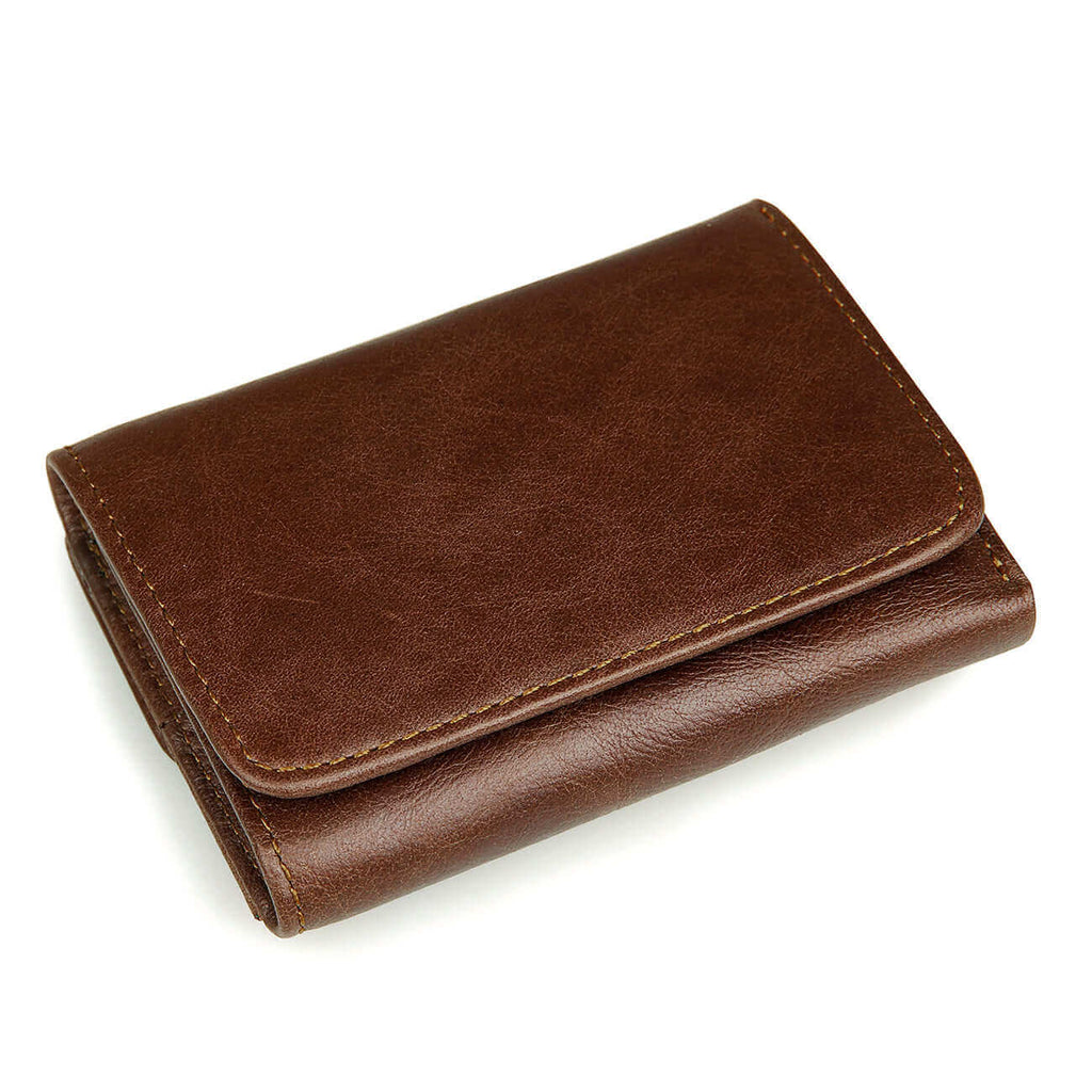 Men's RFID leather wallet front view with three-fold design.