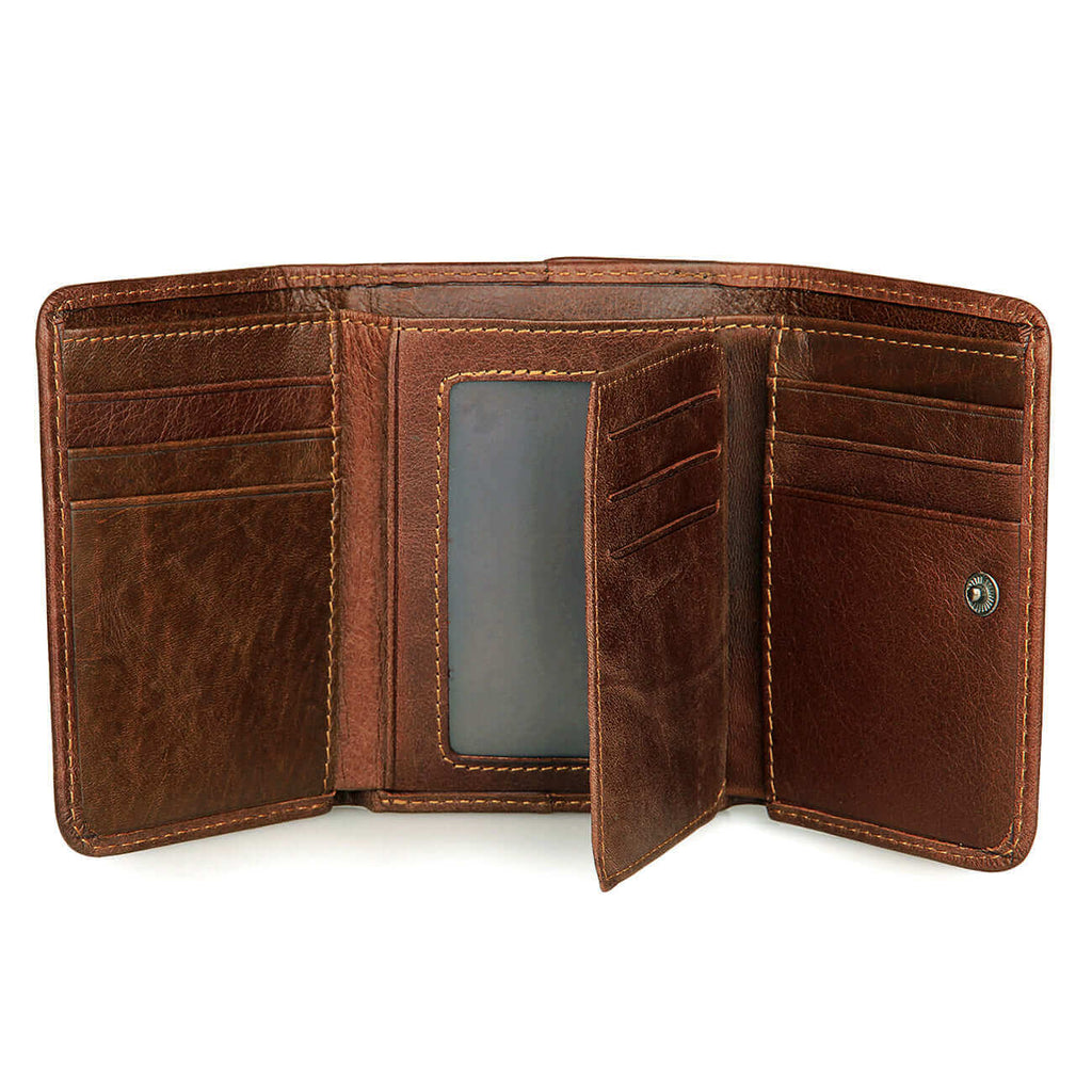 Open men's leather wallet with card slots and RFID protection.