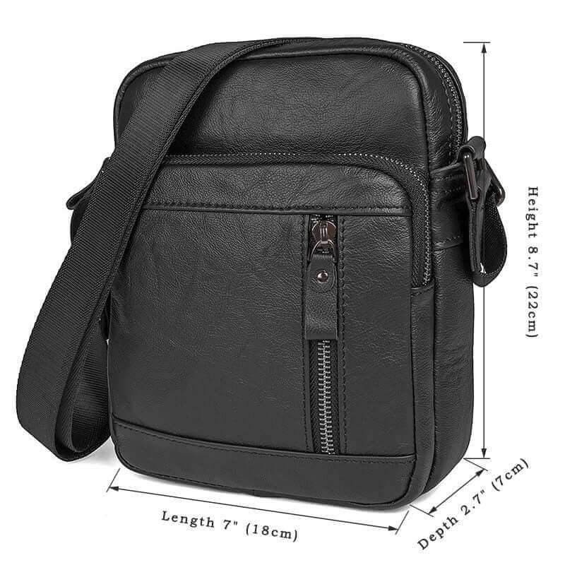 Men's small black leather crossbody bag, ideal for daily use in New Zealand.