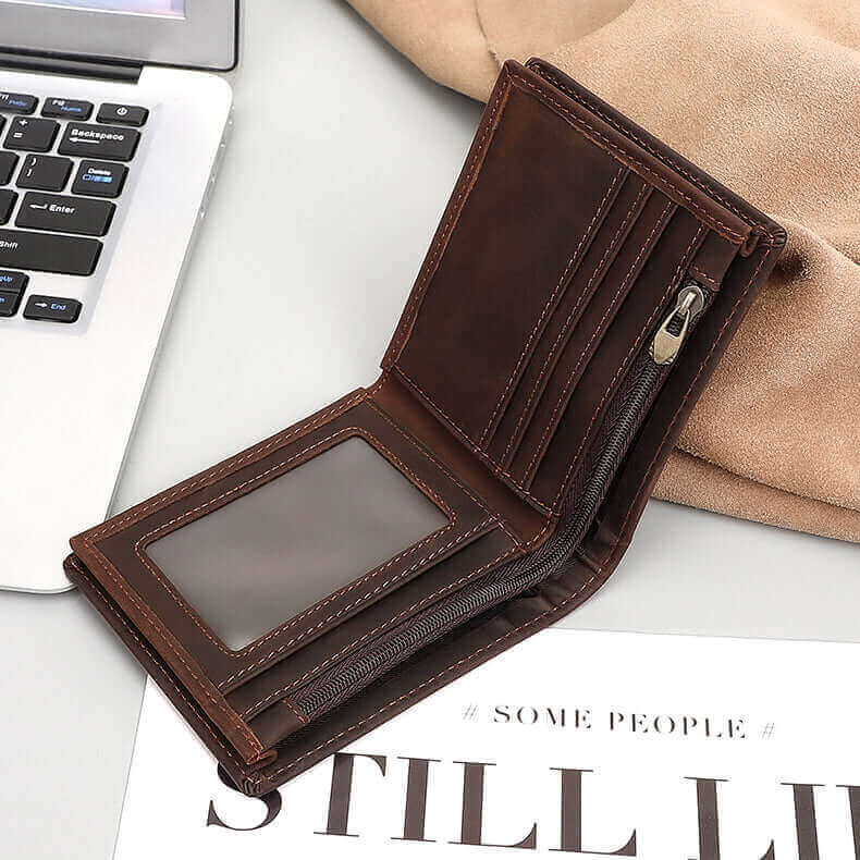 Large banknote slot in men’s vintage crazy horse leather wallet