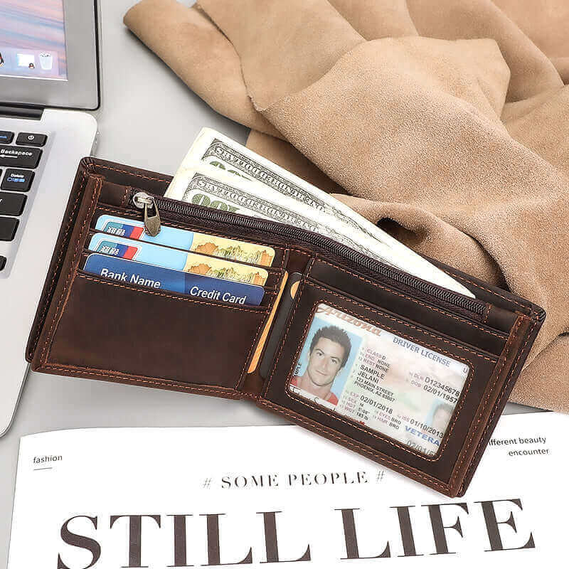Opened men’s crazy horse leather wallet displaying compartments