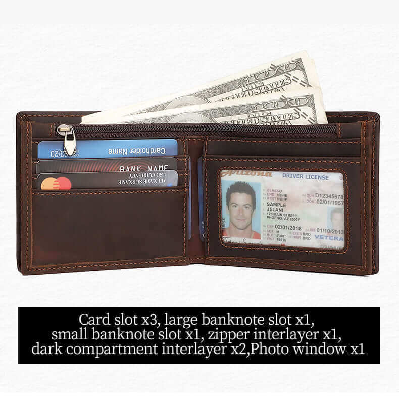 Zipper interlayer in men’s vintage crazy horse leather wallet
