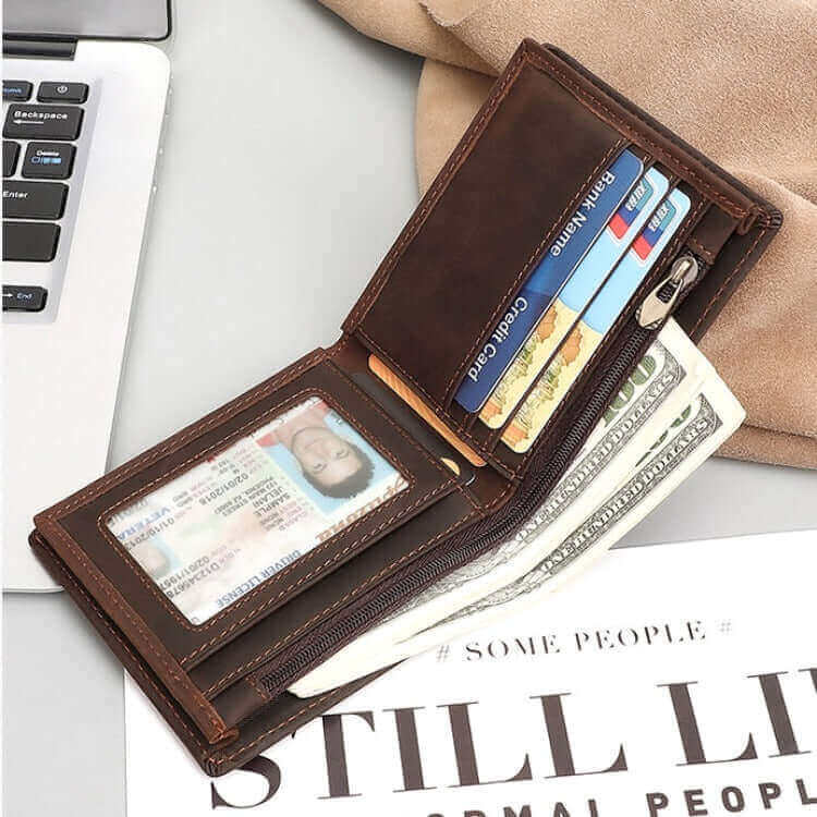 Interior view of men’s vintage leather wallet with card slots