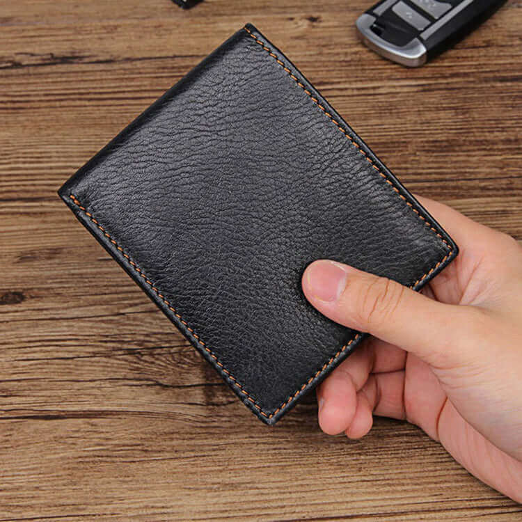 Front view of men's genuine leather minimalist wallet