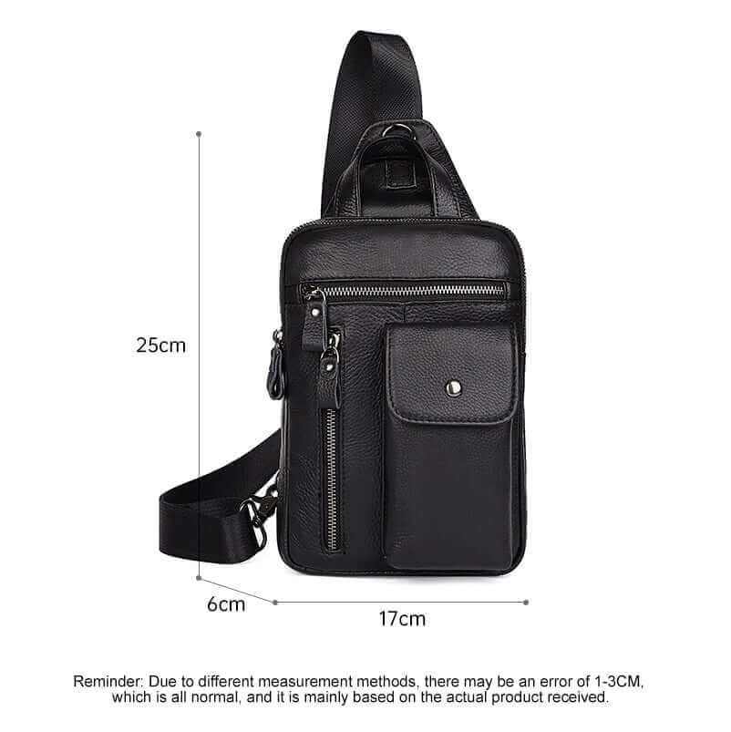 Modern black leather sling bag with a minimalist design.