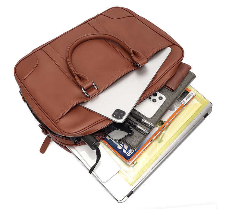 Interior showcasing the organizational features of the leather bag.