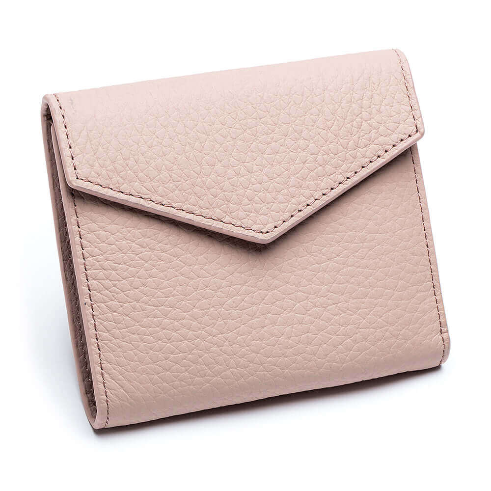 Pink compact leather wallet with outer zipper compartment