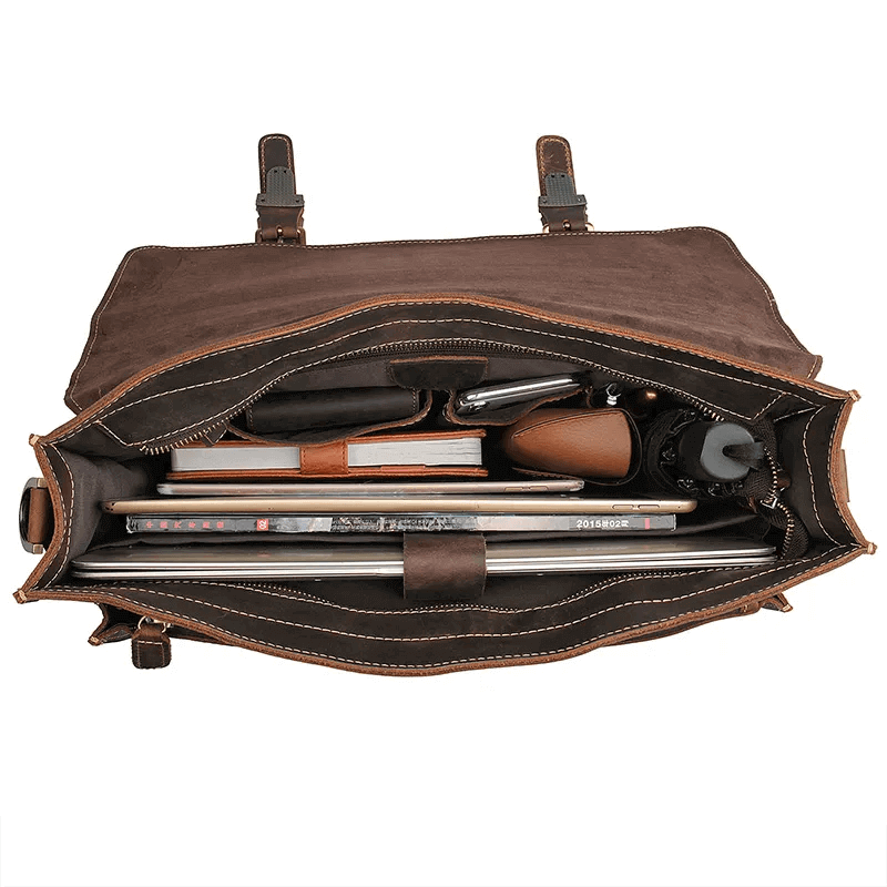The interior of a stylish leather laptop messenger bag.