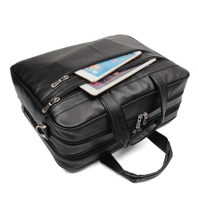 Professional black leather laptop bag for men.