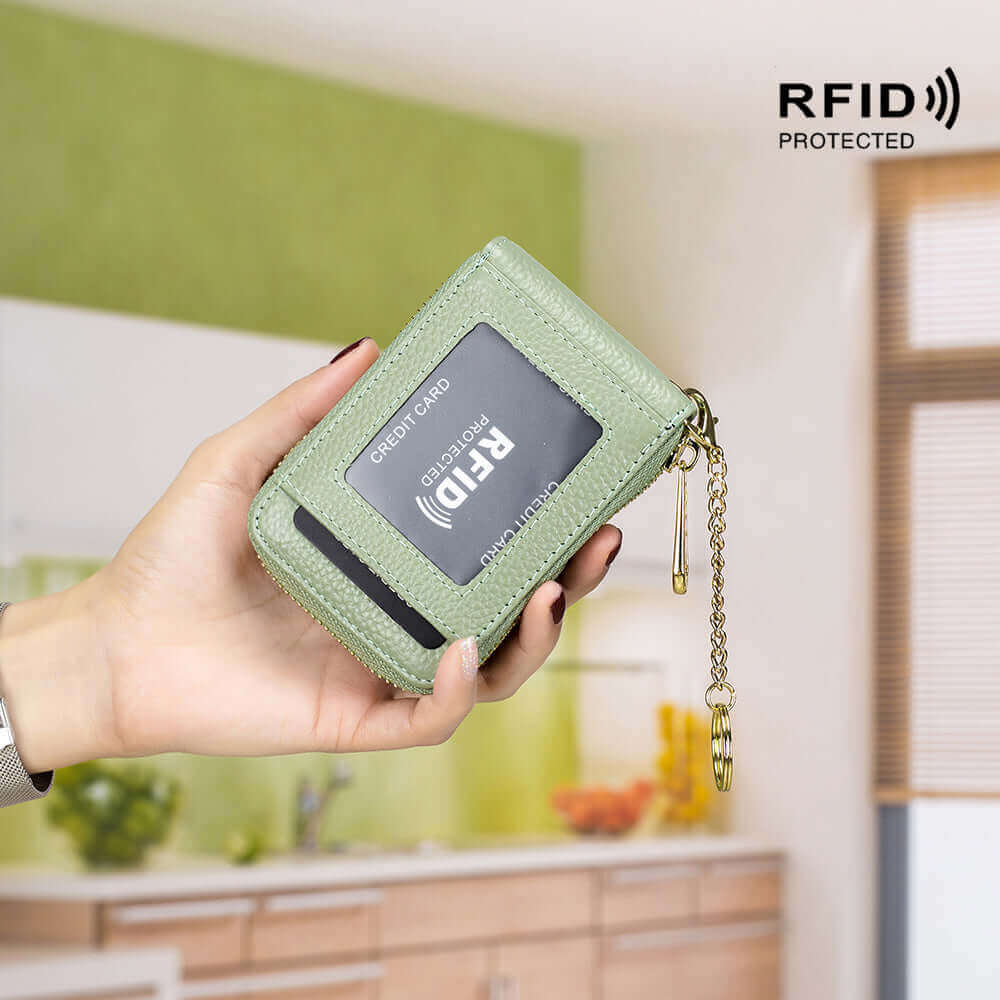 RFID card holder with detachable keychain for easy carrying.