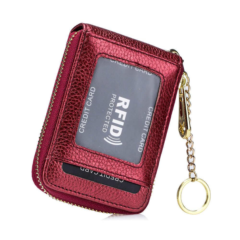 Red RFID leather card holder with RFID protection and compact design.