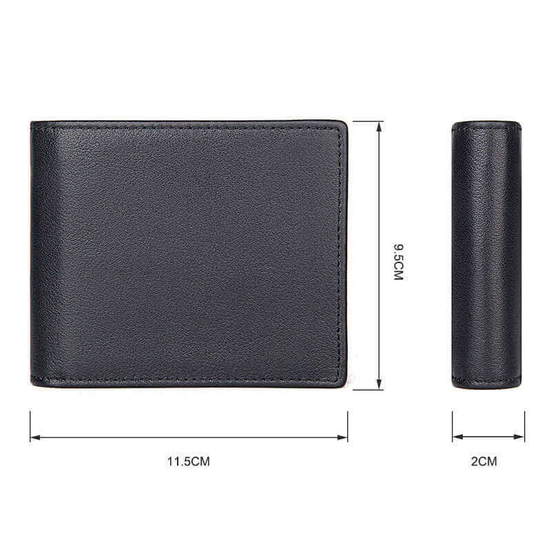 Black leather RFID wallet with detailed dimensions.