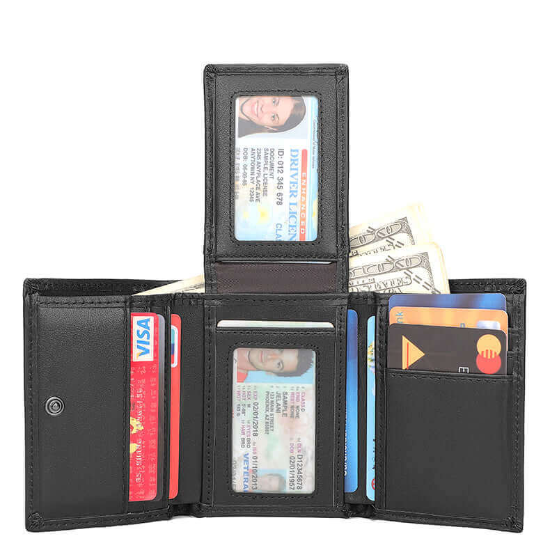 Compact black leather tri-fold wallet with RFID protection.