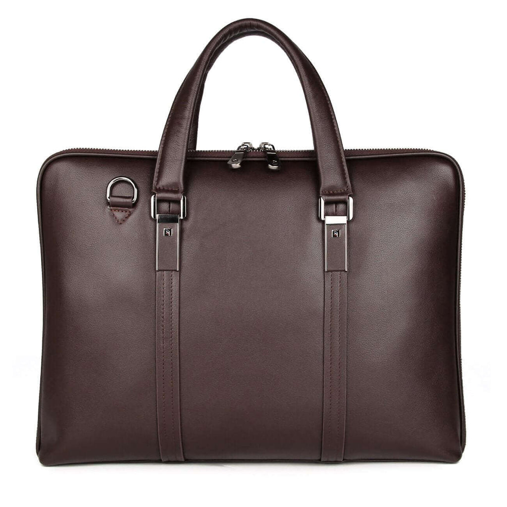 Laptop fitting inside the sleek leather briefcase bag.