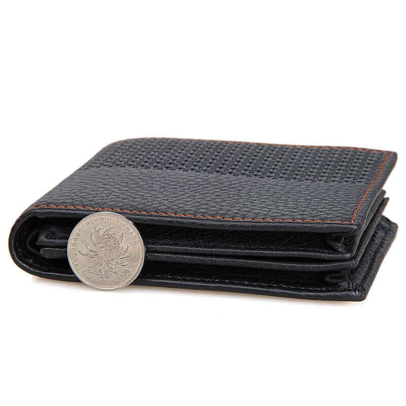 Men's black leather wallet with photo holder and sleek design