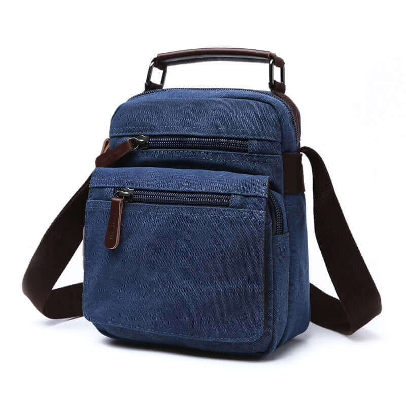 Small blue crossbody bag for men, designed for convenience with adjustable straps.