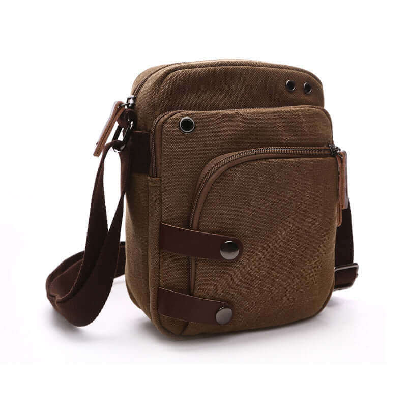 Small canvas crossbody bag in brown, perfect for daily use.