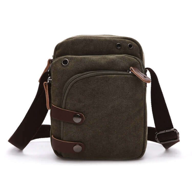 Small canvas shoulder bag for men with adjustable strap for crossbody wear.