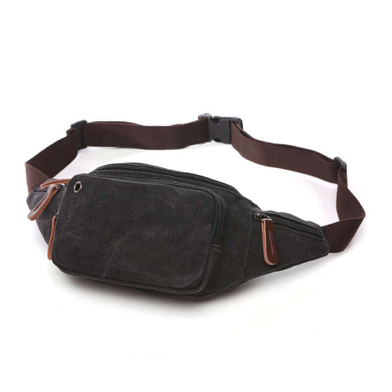 Small men's canvas waist bag, perfect for travel and outdoor adventures.