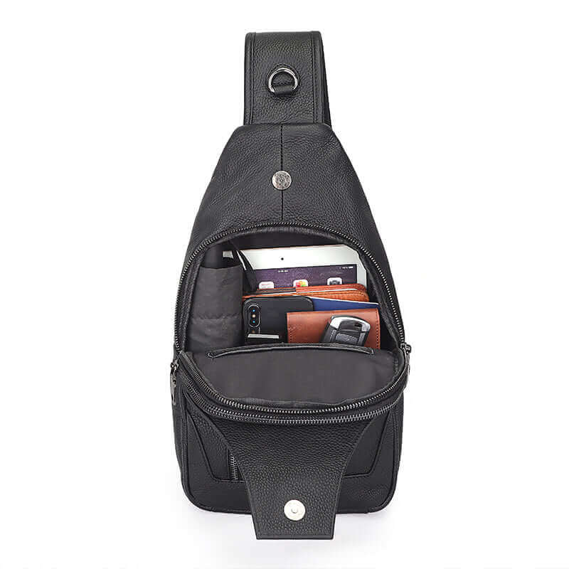 Spacious black leather crossbody bag with organized compartments.