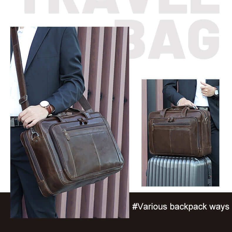 Spacious and functional leather travel laptop bag with versatile use.