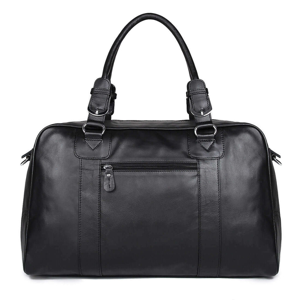 Leather duffle bag with 29L capacity for business and leisure.

