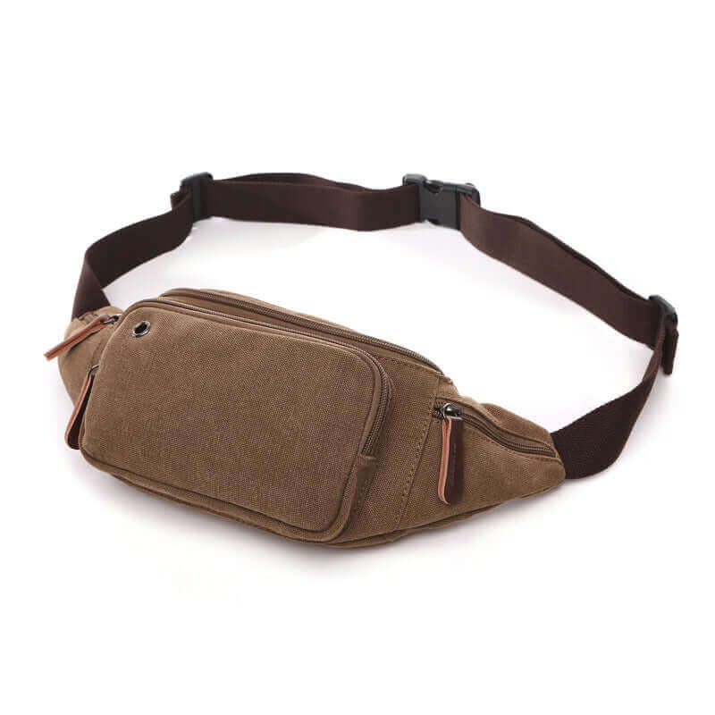 Unisex canvas bum bag with adjustable waistband, designed for men and women.