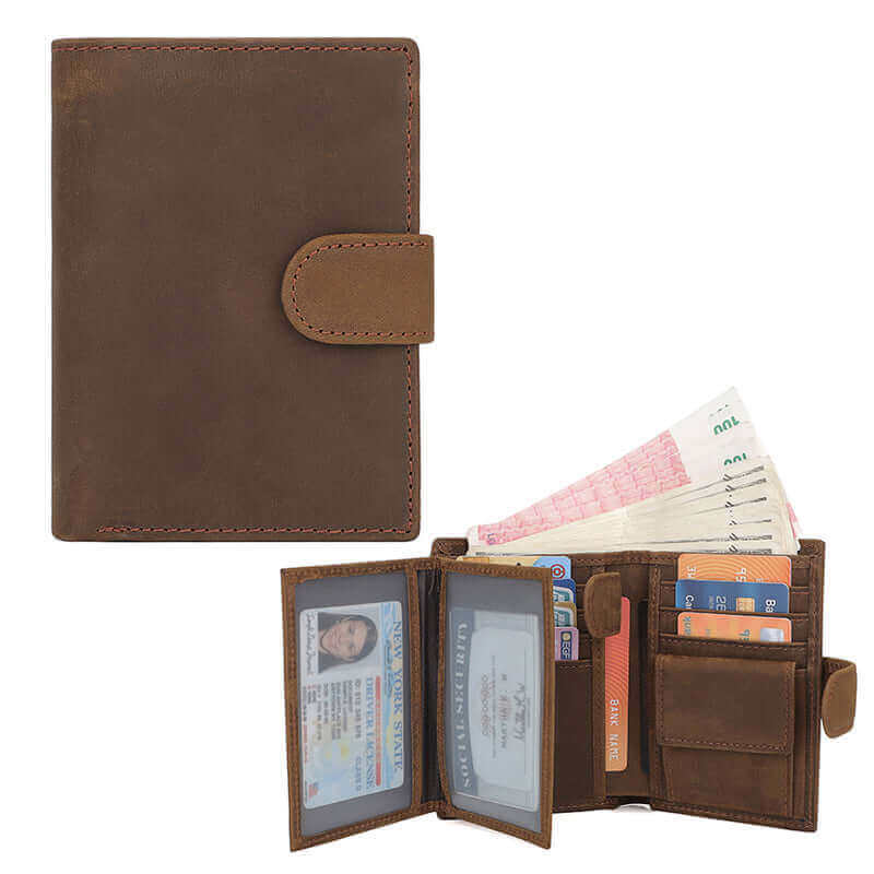 Vintage brown men's leather RFID tri-fold wallet