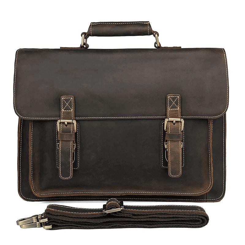 Front view of vintage leather laptop messenger bag.