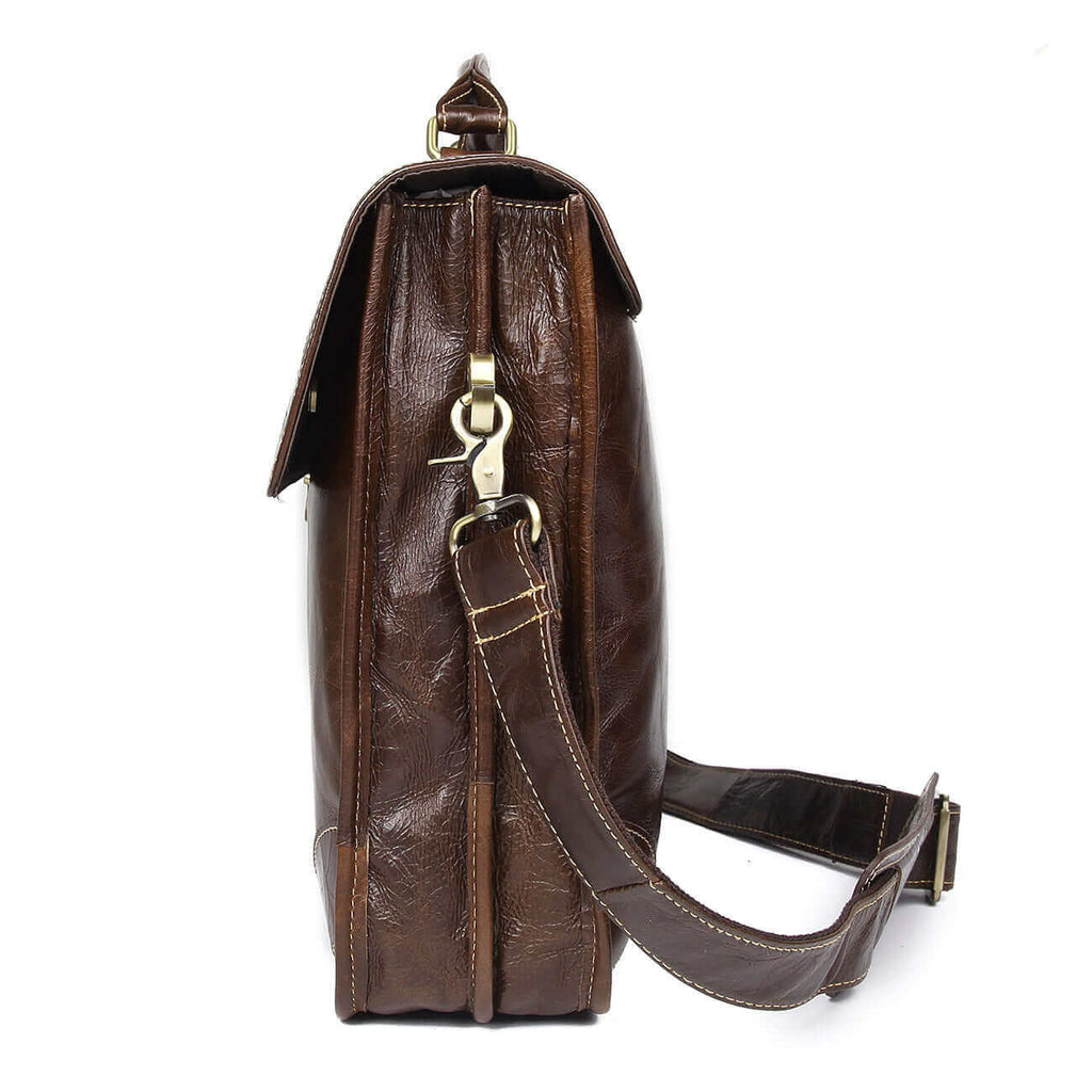 Side view of the vintage leather laptop bag briefcase.