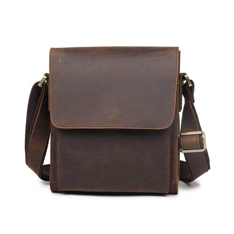 Vintage Crazy Horse leather crossbody bag with adjustable strap.
